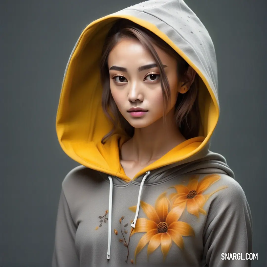 Woman with a hoodie on and a flower on her shirt is looking at the camera and is staring. Example of #F5CB08 color.