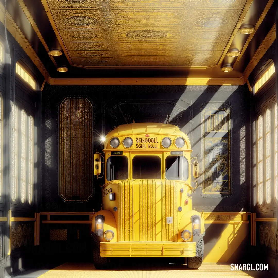 Yellow school bus parked in a building with windows and a ceiling with beams of light coming through the windows