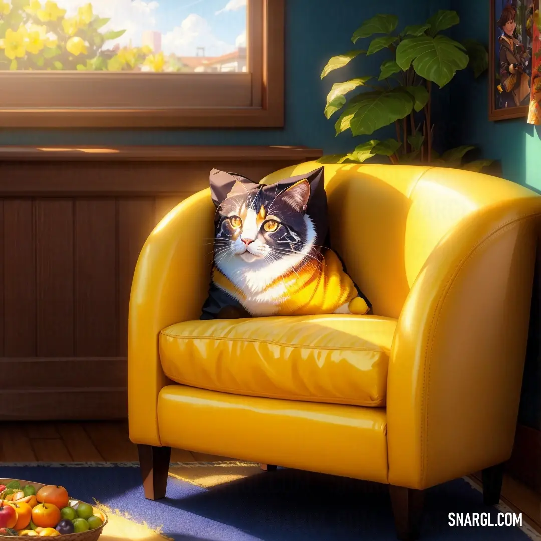 Cat on a yellow chair in a room with a blue wall