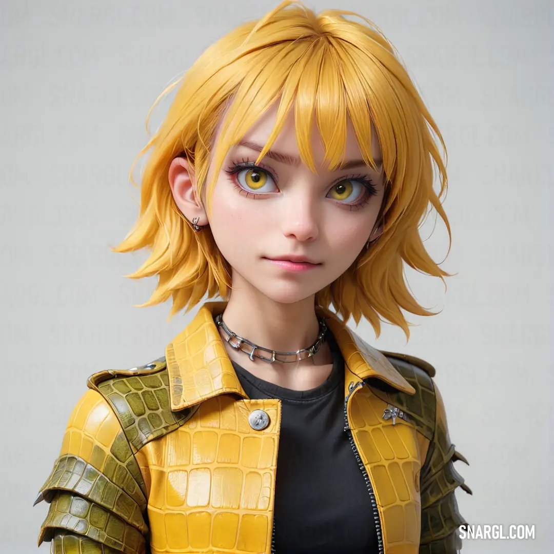 Doll with blonde hair and a yellow jacket on a table with a white background