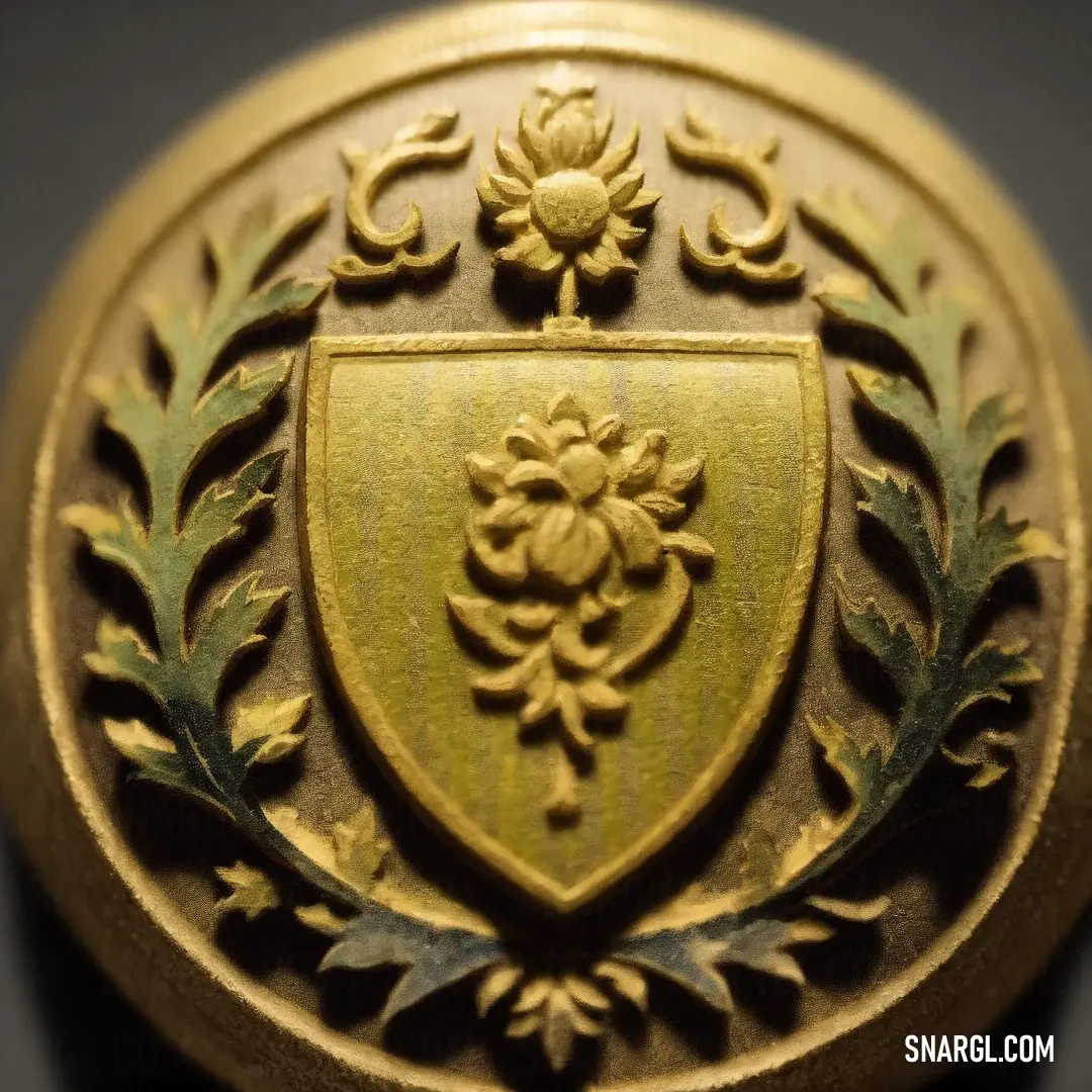 Gold shield with a crest on it is shown in close up view of the crest