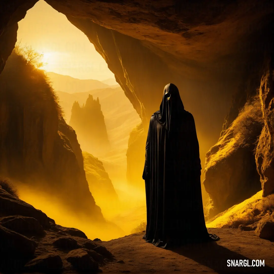 Man in a black robe standing in a cave with a yellow light coming from behind him and a mountain in the distance