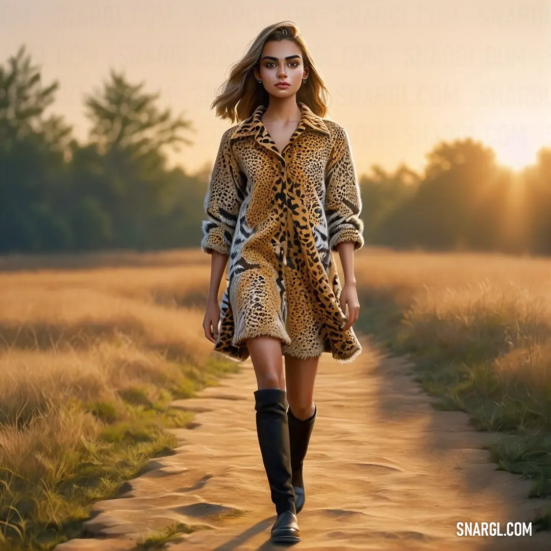 Woman walking down a dirt road in a dress and boots with a leopard print coat on her coat