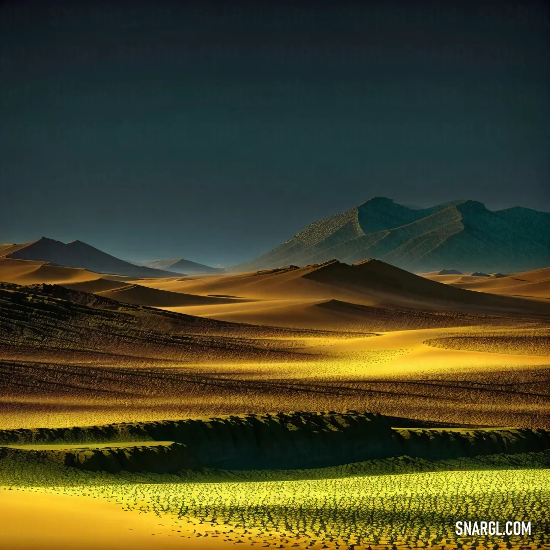 Desert landscape with mountains in the distance and a blue sky above it. Color PANTONE 119.
