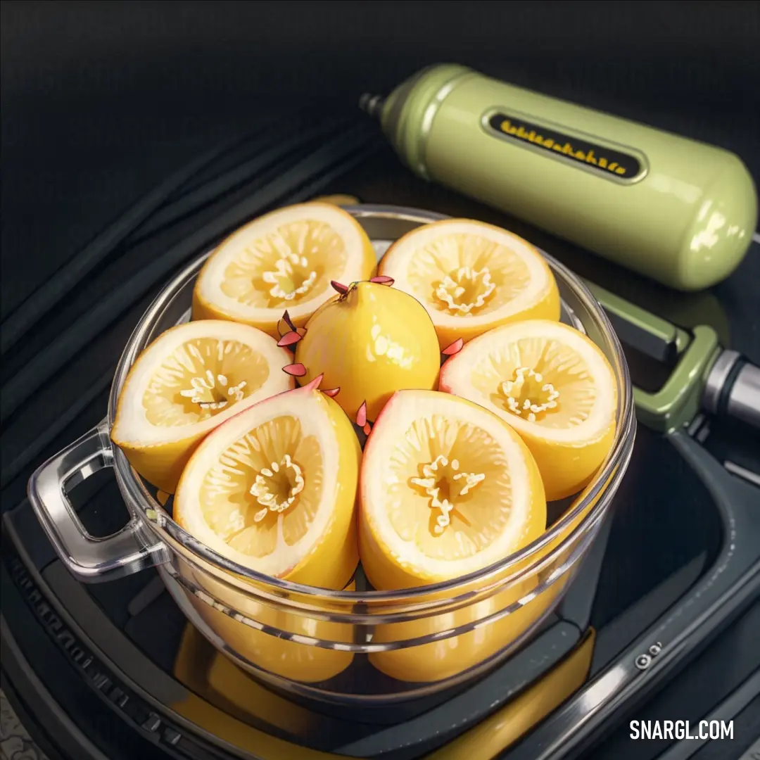 Bowl of sliced lemons on a stove top with a green pepper shaker nearby on a stove. Example of CMYK 0,5,64,0 color.