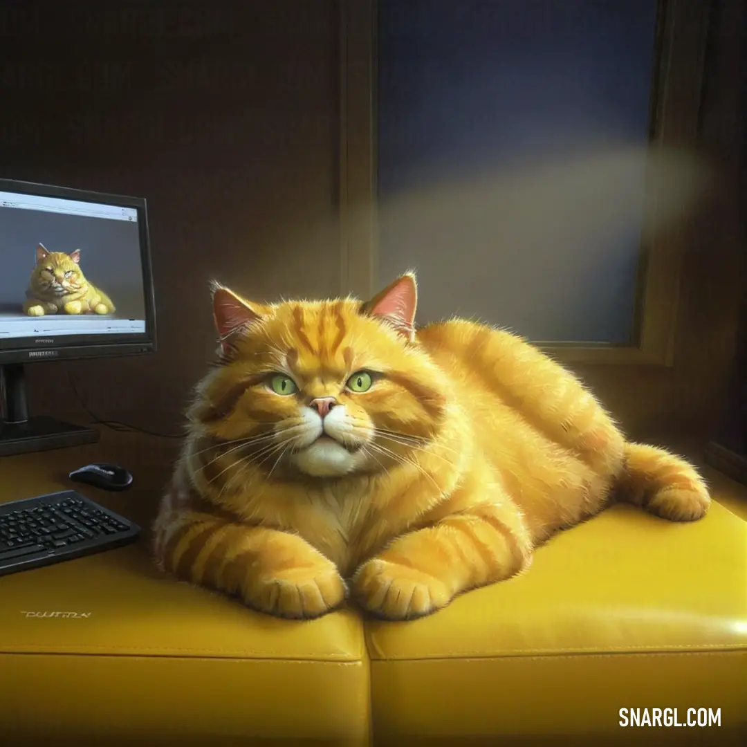Cat on a yellow leather chair next to a computer monitor and keyboard and mouse on a desk
