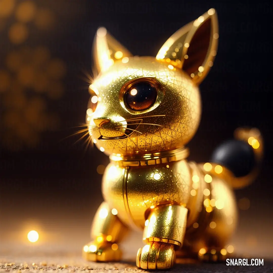 Gold cat figurine with a black ball in its mouth and eyes on a table with lights