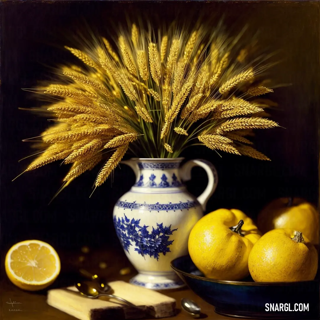 Painting of a vase with some yellow flowers in it and some lemons in a bowl next to it. Color RGB 247,221,118.