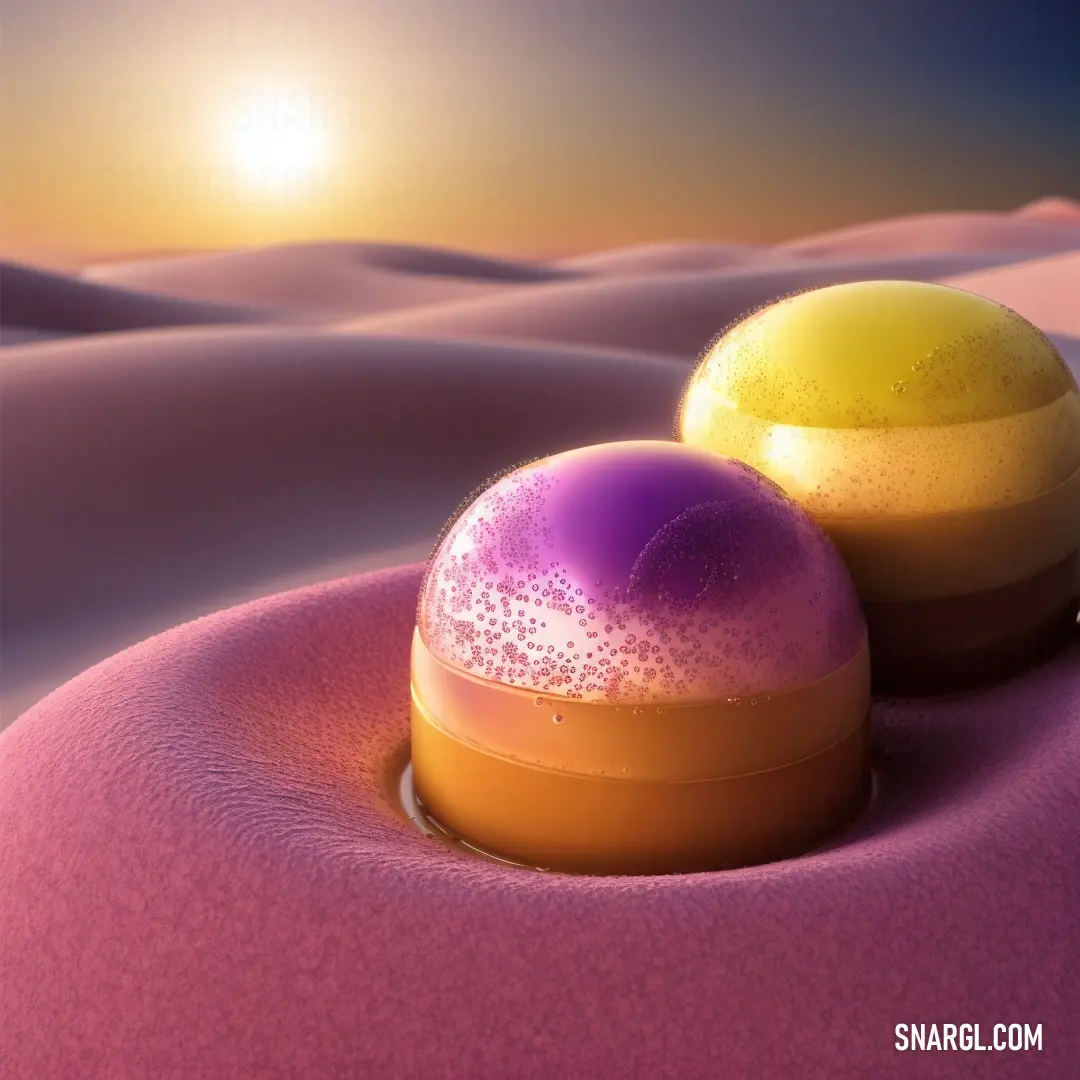 Two soaps on top of a pink surface in the desert at sunset or dawn