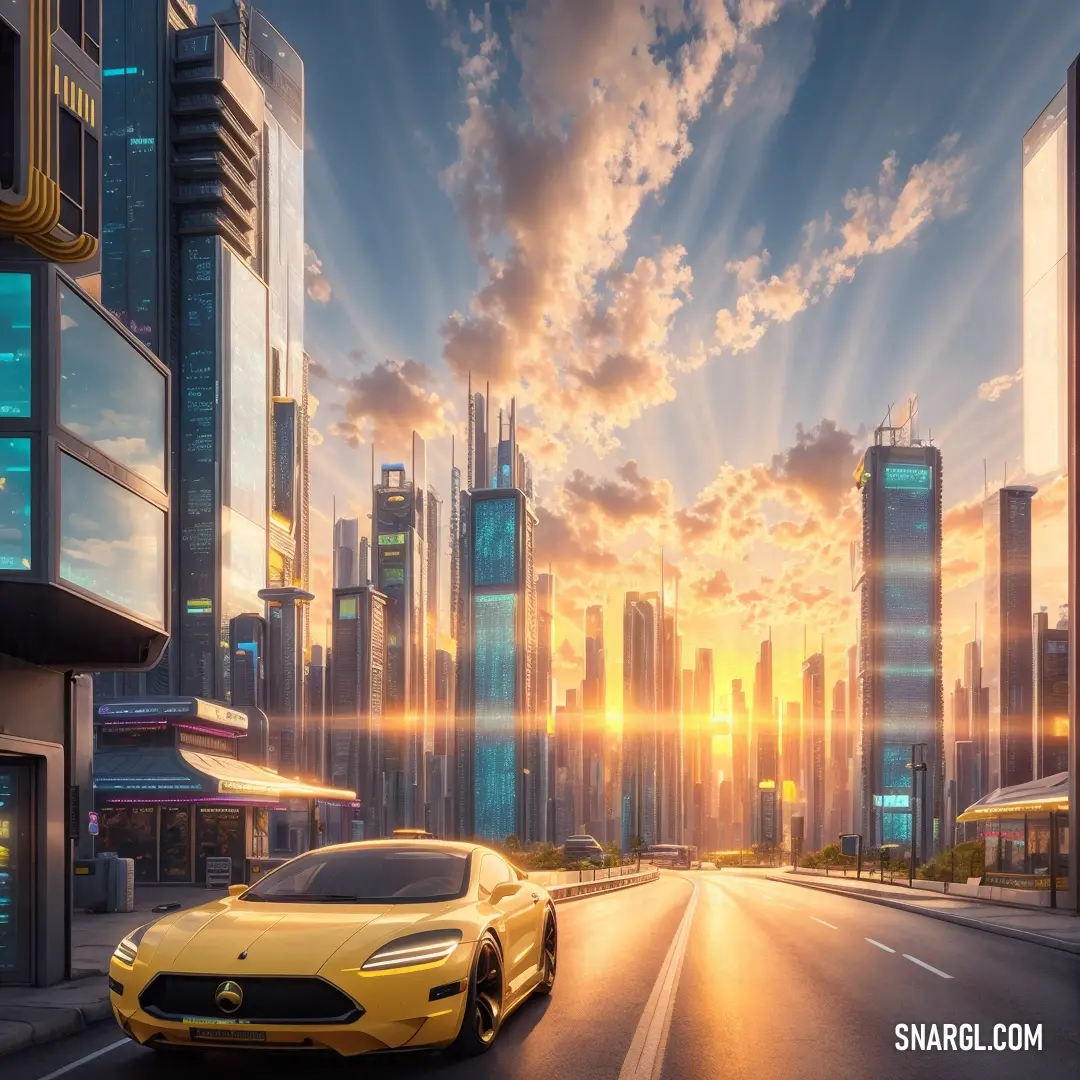 Yellow sports car driving down a city street at sunset with skyscrapers in the background and a bright sunbeam
