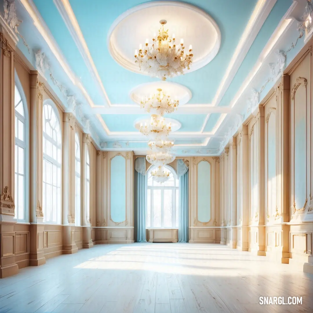 PANTONE 1205 color. Large room with a chandelier and a window in it's center area with a blue ceiling