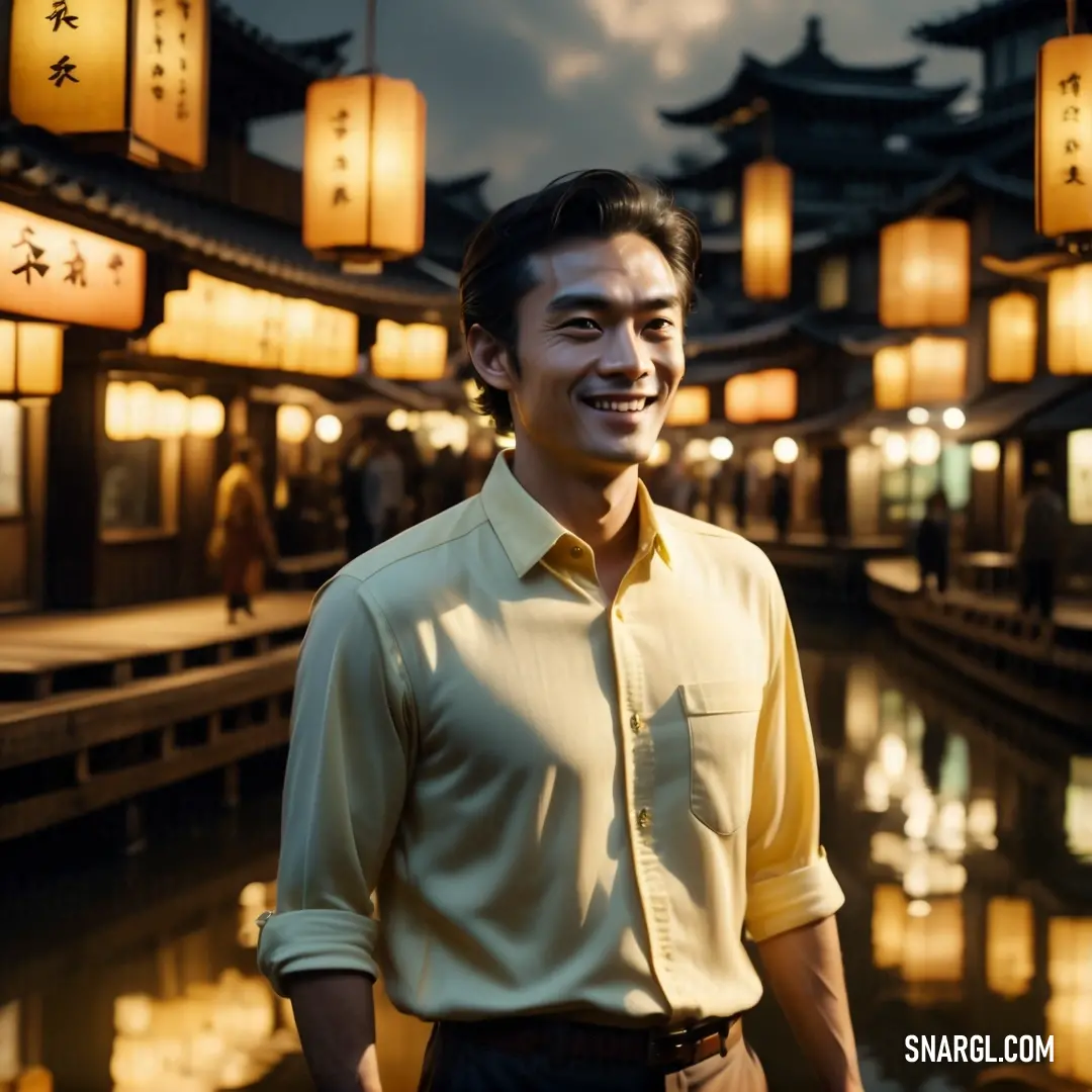 Man standing in front of a building with lanterns hanging above it and a body of water in front of him. Example of PANTONE 1205 color.