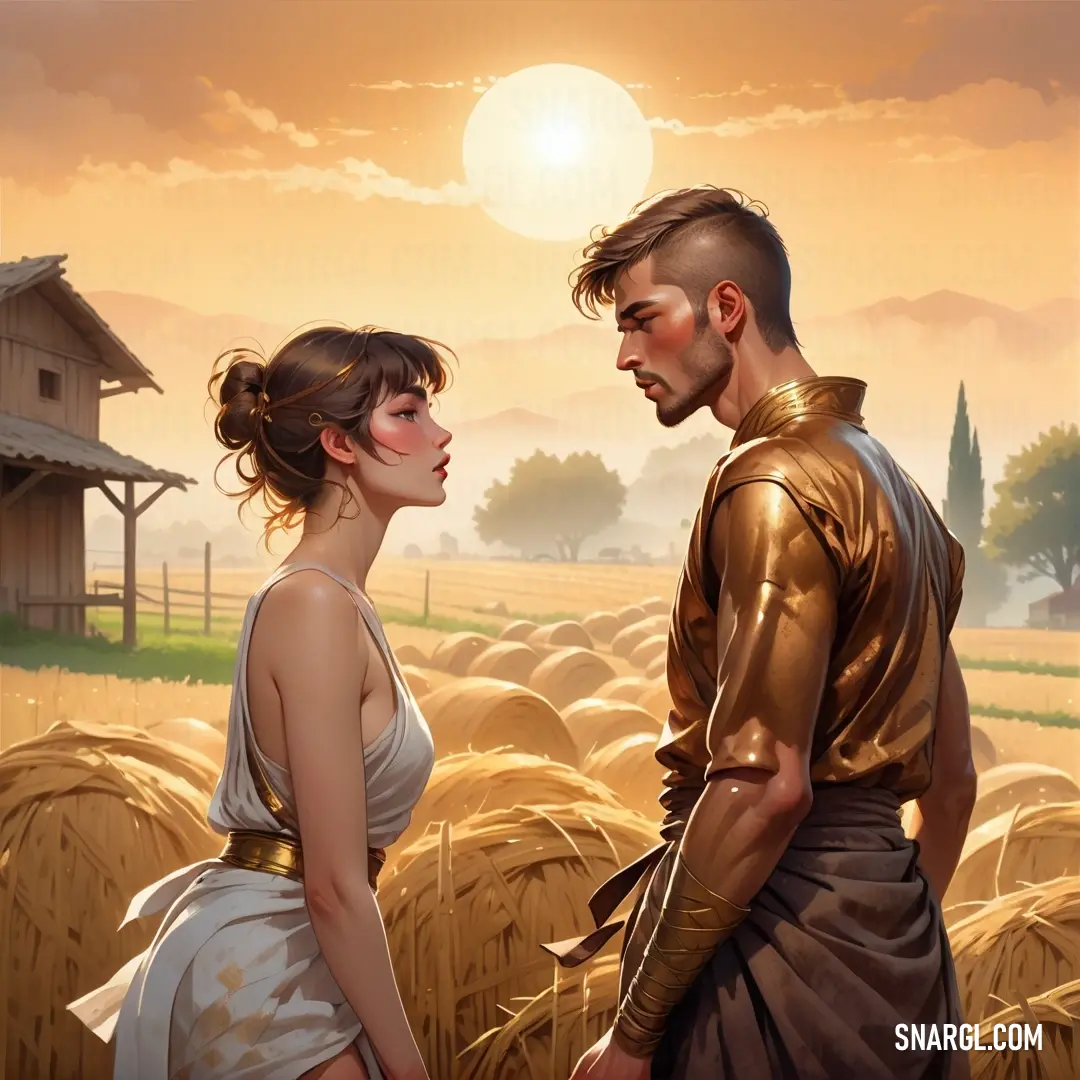 Painting of a man and a woman standing in a field of wheat at sunset. Color #F9E49D.