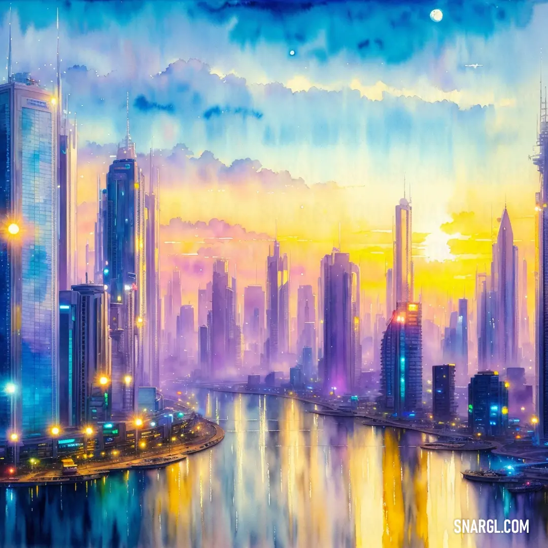 Painting of a city skyline with a river running through it at night time with lights on the buildings