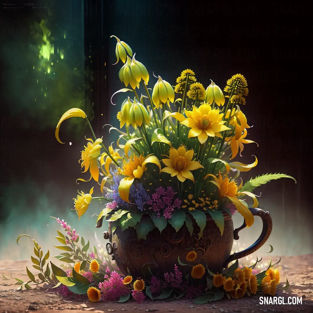 Painting of a teapot with flowers in it on a table top with a green background