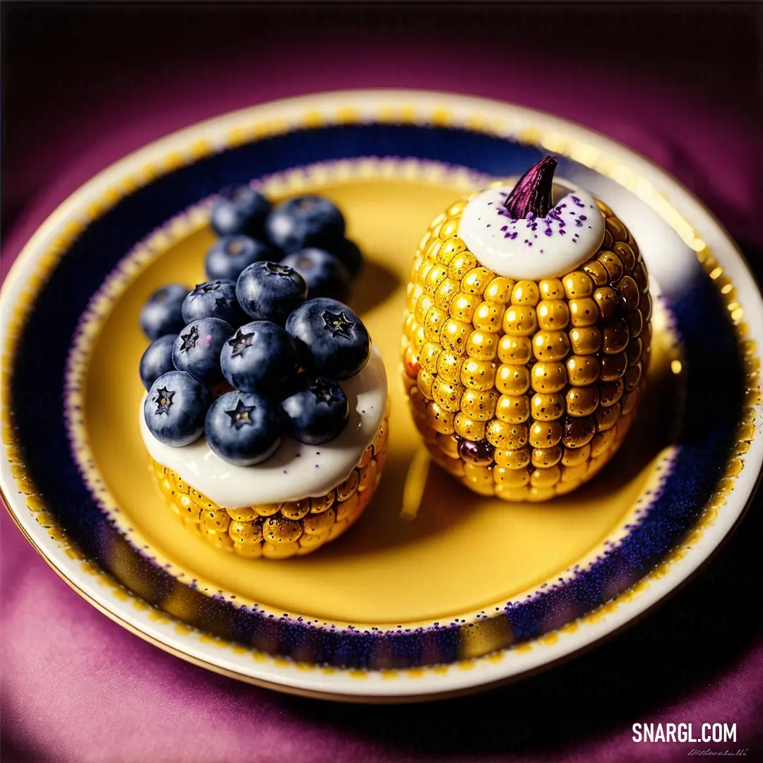 Plate with two desserts on it on a table cloth with a purple table cloth behind it
