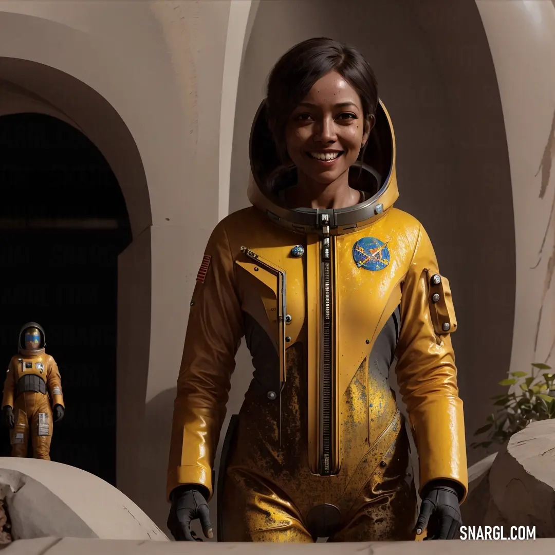 Woman in a yellow space suit standing next to a man in a yellow space suit and a robot