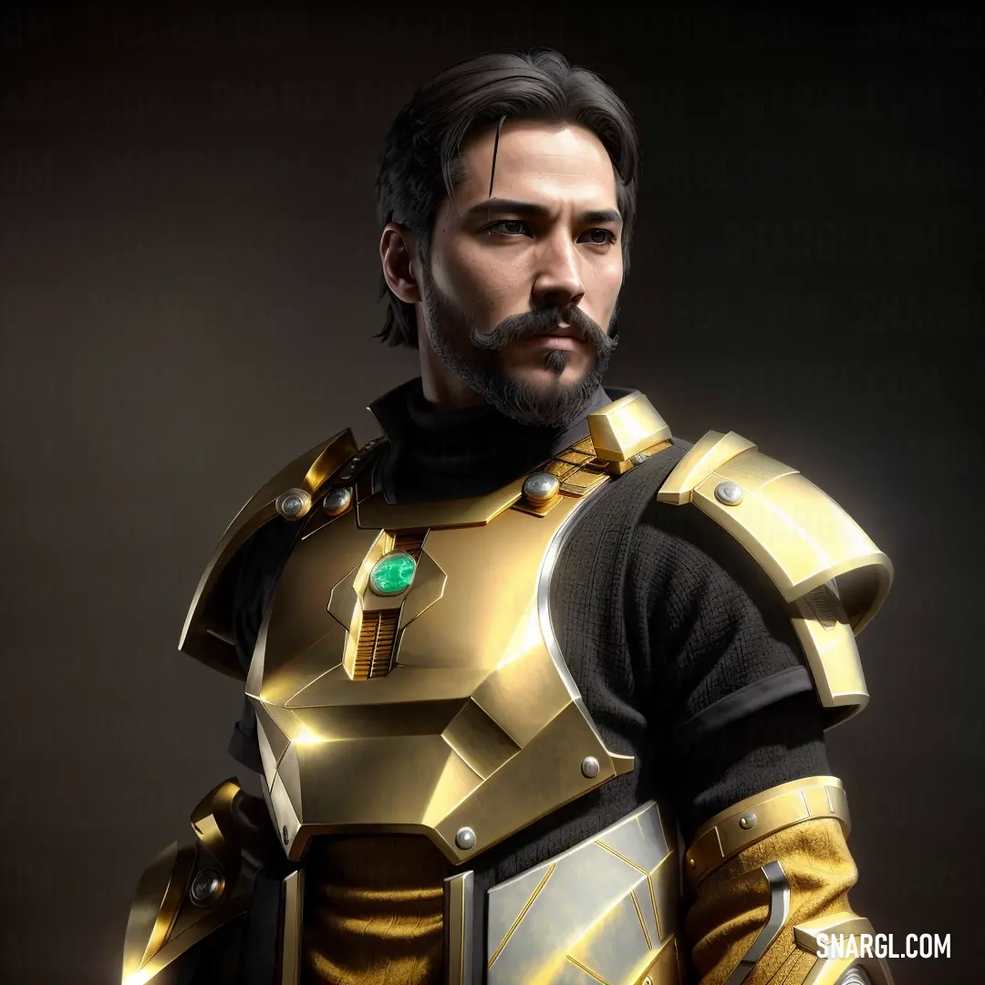 PANTONE 1215 color example: Man in a gold armor with a beard and a mustache on his head, standing in front of a dark background