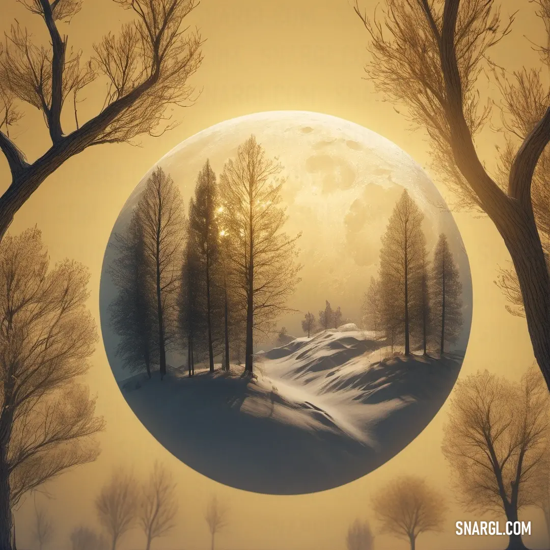 PANTONE 1215 color. Painting of a snowy landscape with trees and a moon in the background