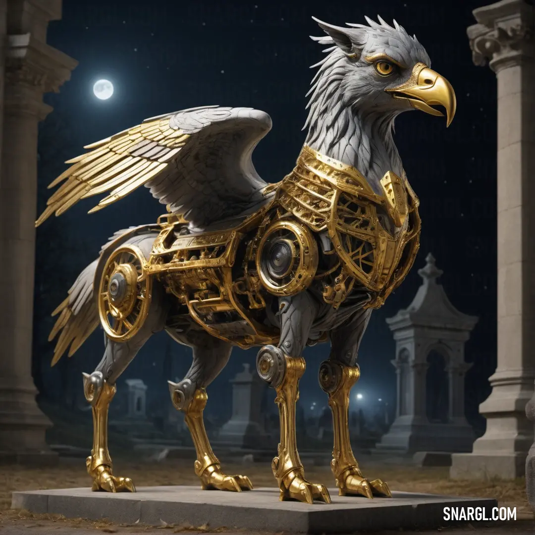 Statue of an eagle with a mechanical body and wings on a pedestal in front of a building at night. Color RGB 247,220,134.