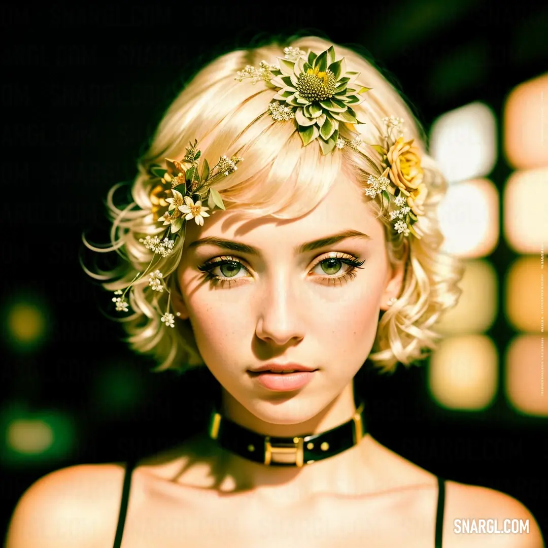 Woman with a flower in her hair and a choker around her neck. Color CMYK 0,6,53,0.