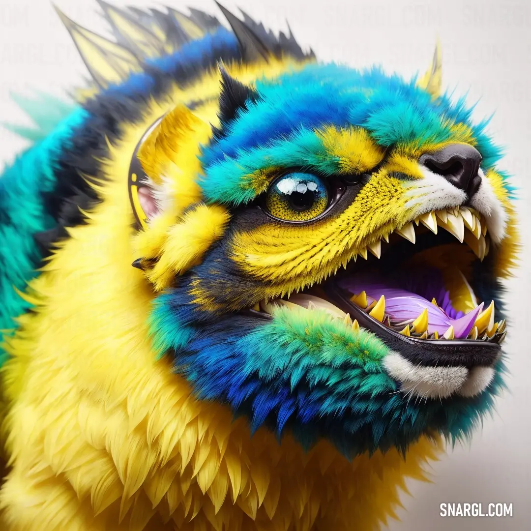 Colorful animal with a large mouth and sharp teeth is shown in this image