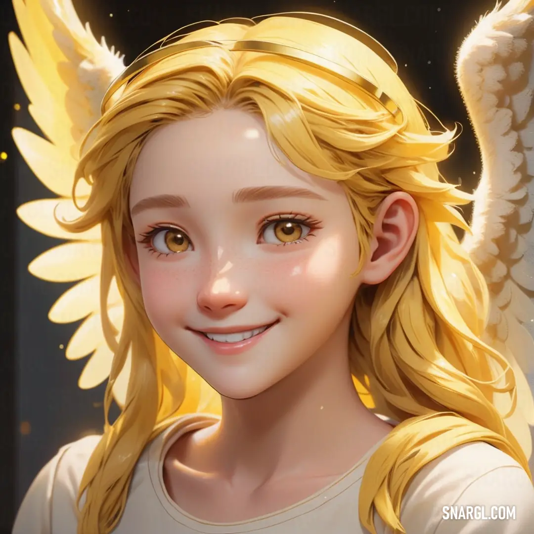 Digital painting of a blonde haired girl with angel wings on her head and a smile on her face. Example of CMYK 0,11,80,0 color.