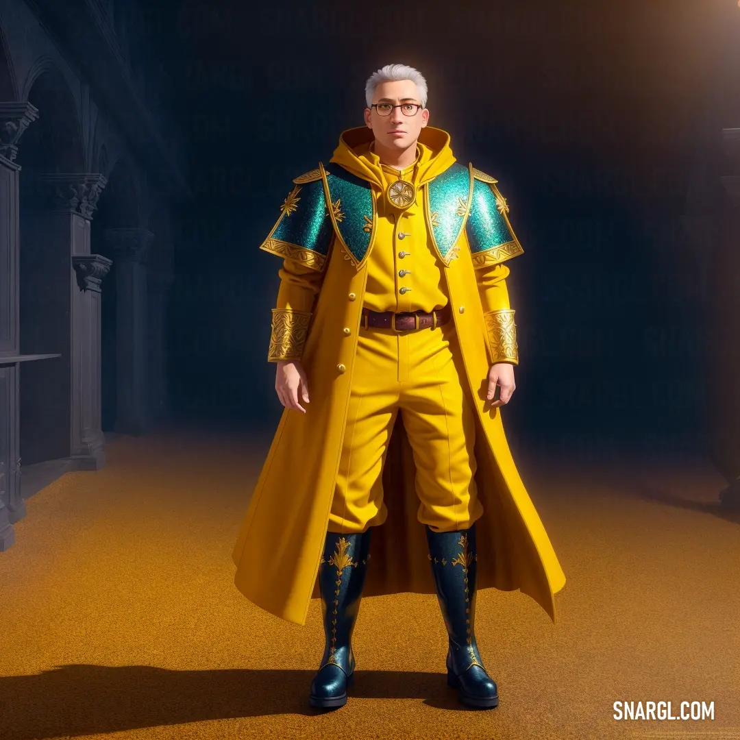 Man in a yellow outfit and a yellow coat standing in a dark room with a light on his head. Color CMYK 0,11,80,0.
