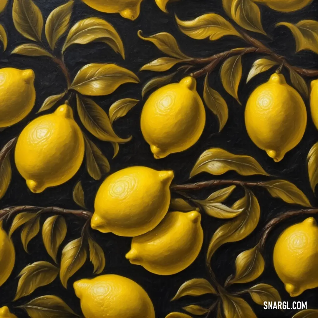 Painting of lemons on a tree branch with leaves and buds on a black background with yellow and green colors. Example of #F5D258 color.
