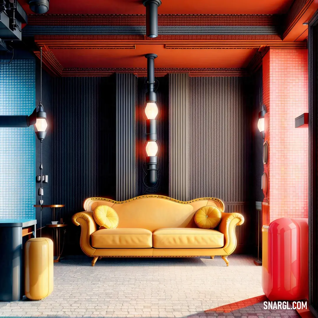 PANTONE 122 color. Yellow couch in a living room next to a lamp and a table with a vase on it