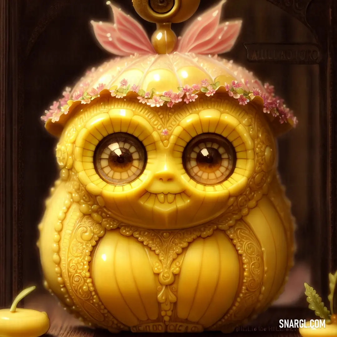 Yellow owl statue with a pink bow on its head and eyes. Example of CMYK 0,11,80,0 color.
