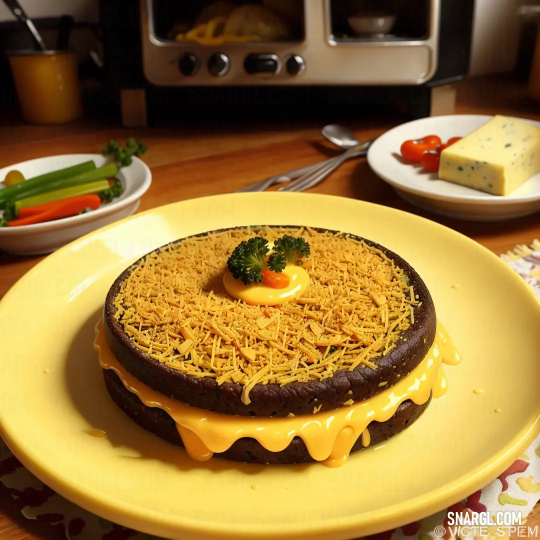 Yellow plate topped with a cheese covered cake next to a toaster oven oven and a plate of vegetables