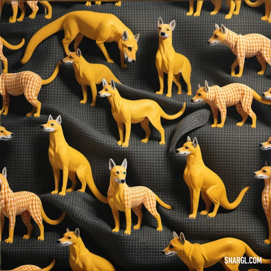 Bunch of yellow toy animals on a black surface with a checkered cloth on it's back. Example of PANTONE 1225 color.
