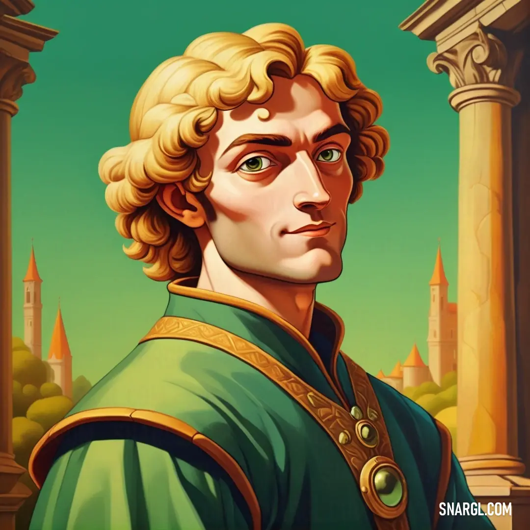 Painting of a man in a green outfit with a gold crown on his head and a green coat on his shoulders. Example of PANTONE 1225 color.