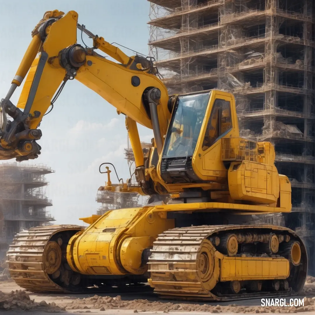Yellow construction vehicle is parked in front of a building under construction with a crane on top of it. Example of CMYK 0,19,79,0 color.