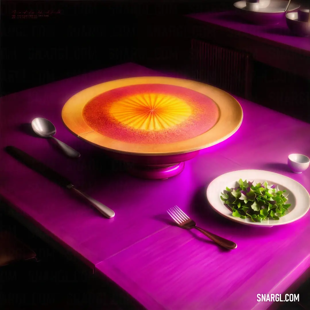 CMYK 0,31,98,0. Plate with a yellow center sits on a purple table with a bowl of greens and a fork and knife