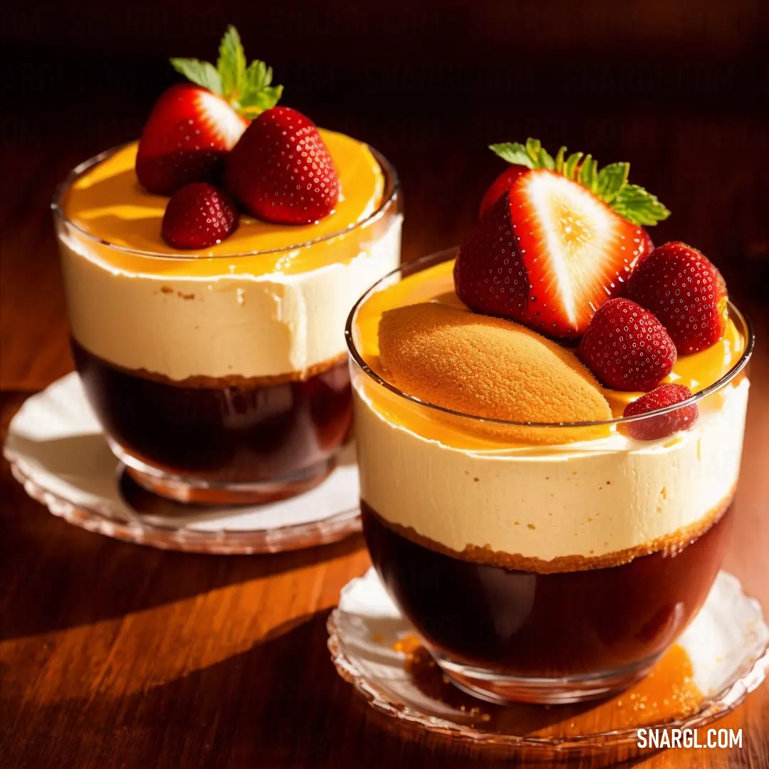 Two desserts with strawberries on top of them on a table with a wooden table top and a wooden table. Example of CMYK 0,31,98,0 color.