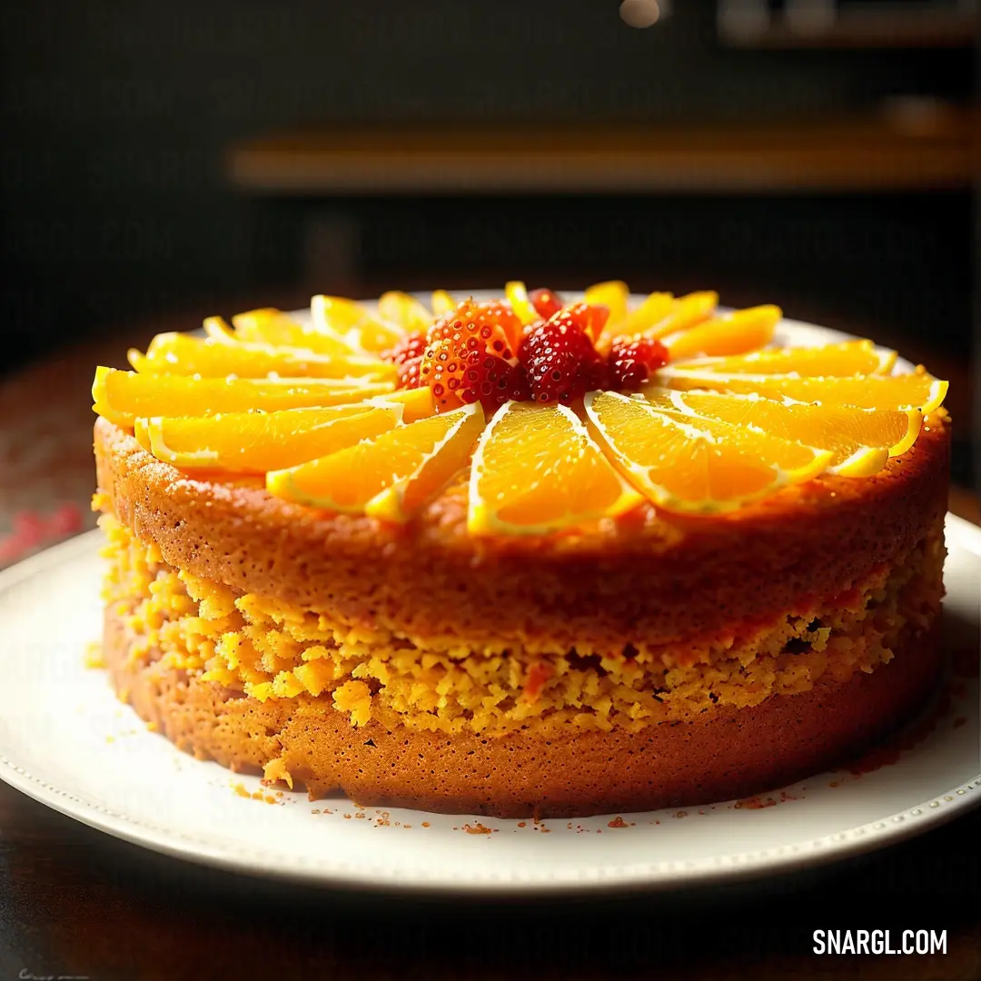 Cake with oranges and strawberries on top of it on a plate on a table
