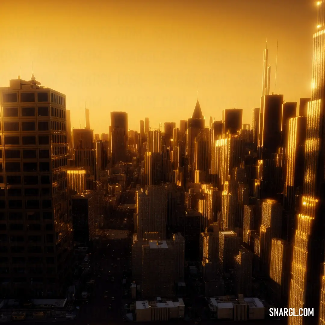 City with tall buildings and a yellow sky in the background at sunset or dawn