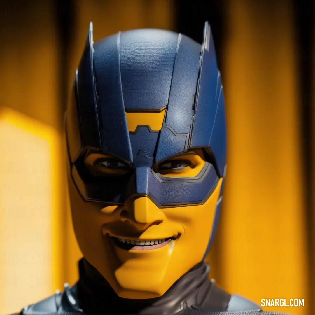 Man in a yellow and blue costume with a batman mask on and a yellow curtain behind him