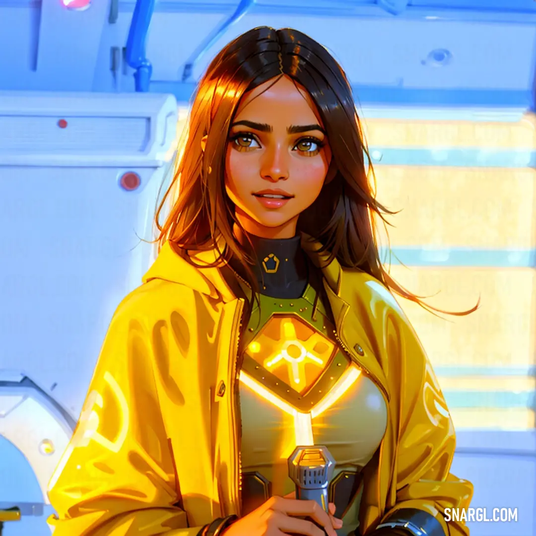 Woman in a yellow jacket holding a bottle of liquid in her hand and a sci - fi fidget on her arm