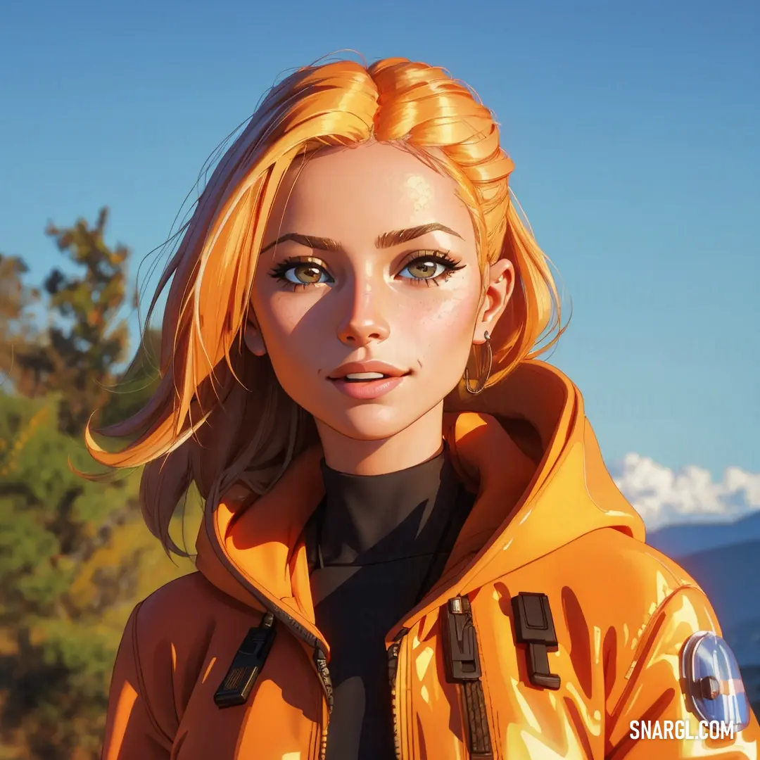 Woman with blonde hair and a bright orange jacket is standing in front of a mountain range with trees