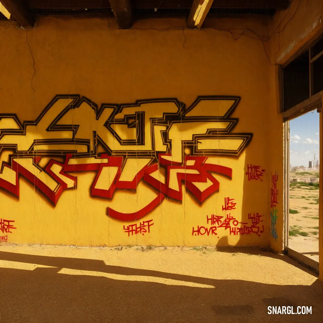 Yellow wall with some graffiti on it and a window with a view of the desert outside of it