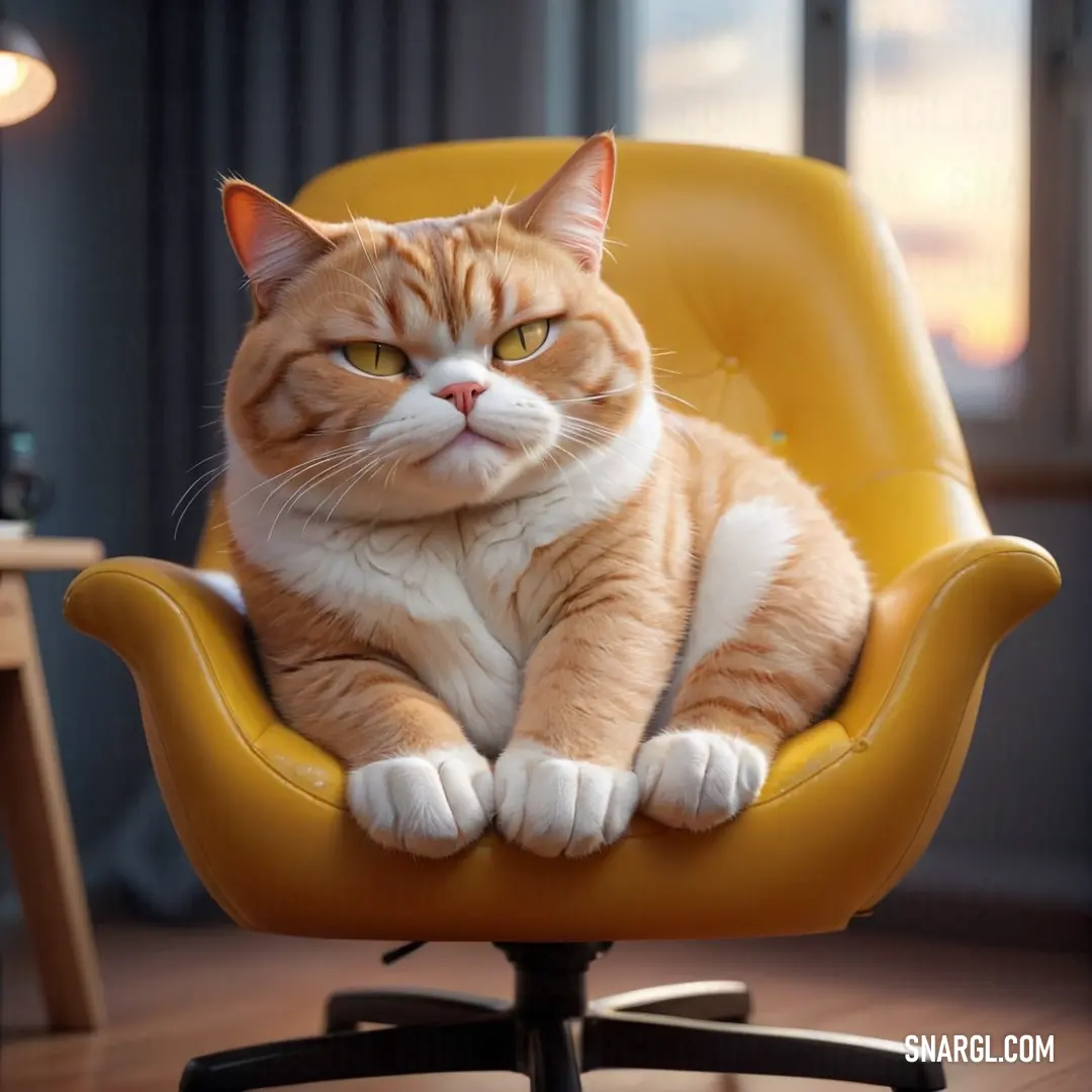 Cat on a yellow chair in a room with a window and a table with a lamp on it. Example of #C08F23 color.