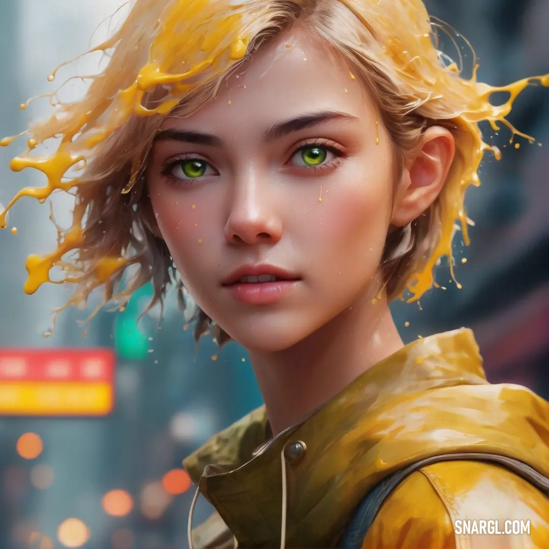 Digital painting of a woman with yellow hair and green eyes and a yellow jacket on her shoulders and a city street in the background