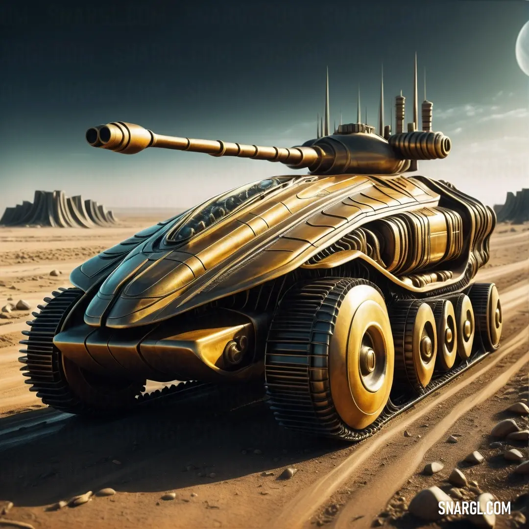 Futuristic vehicle with a turret on top of it in the desert with a moon in the background. Color RGB 192,143,35.