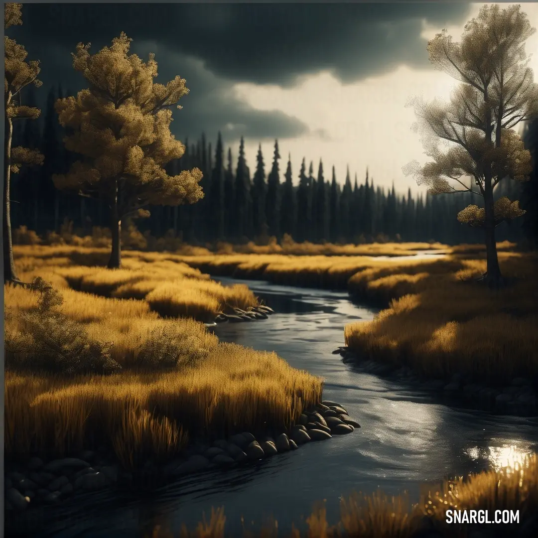 Painting of a river running through a forest with trees on the other side of it and a dark sky. Color CMYK 6,35,99,18.
