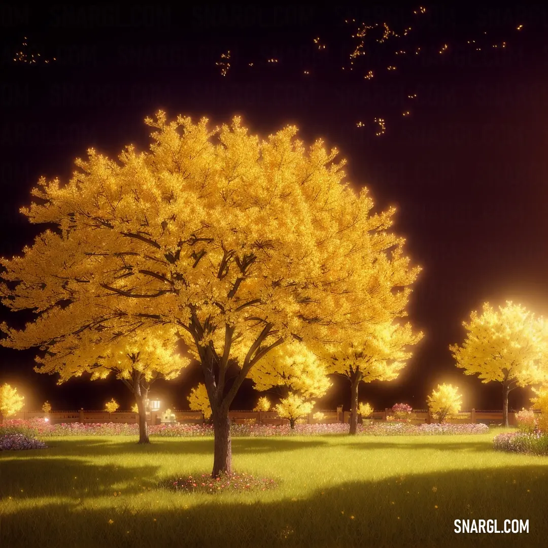 Tree with yellow leaves in a park at night with a lot of lights on it