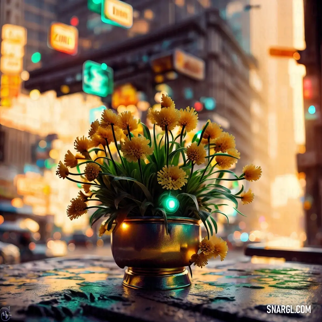 Vase with yellow flowers on a table in a city street at night with traffic lights and signs in the background