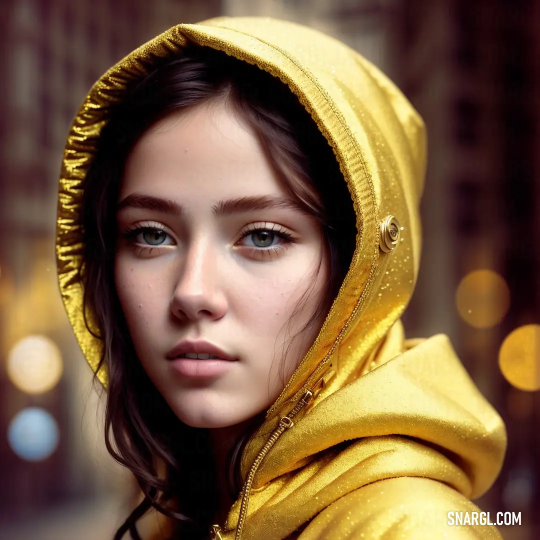 Woman in a yellow jacket is posing for a picture in the street with a blurry background of lights